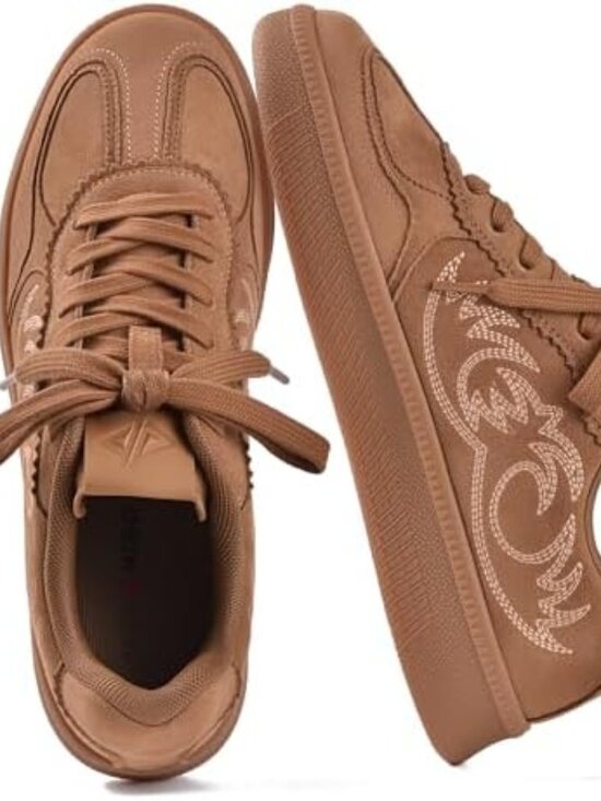 Shoes - Women's Brown Faux Leather Lace-Up Fashion Casual Tennis Walking Sneaker Shoes